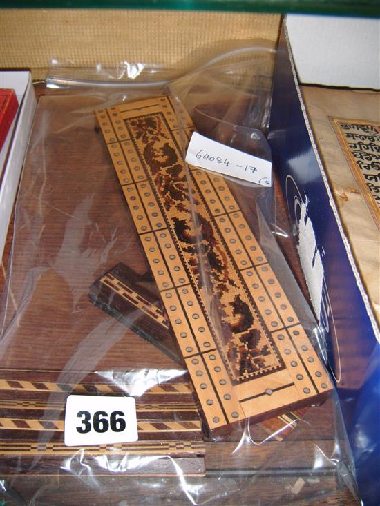 Tunbridge Ware- a specimen wood ruler, a cribbage board and 3 kettle holders